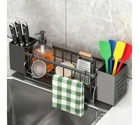 Pmueuff Porta Spugne Lavello Cucina con Vaschetta di Scarico e Scatola Portaoggetti, Porta Spugna Cucina Lavello Removibile in Metallo con Port Panni, Cucin e Bagno Senza Foratura, Doppio Uso