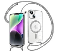 Pnakqil Magnetica Cover con Cordino per iPhone 14, Compatibile con Magsafe Ricarica Wireless, Trasparente Placcatura Disegno Custodia con Collana con Regolabile Laccio Tracolla, Argento