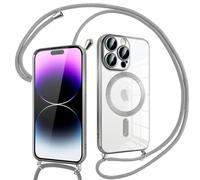 Pnakqil Magnetica Cover con Cordino per iPhone 14 Pro Max, Compatibile con Magsafe Ricarica Wireless, Trasparente Placcatura Disegno Custodia con Collana con Regolabile Laccio Tracolla, Argento