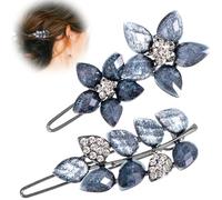 Pndeyo 2 fermagli per capelli vintage blu inchiostro da donna, fermagli per capelli con fiori e foglie, strass scintillanti, accessori per capelli da sposa per capelli lunghi, corti, spessi, sottili,