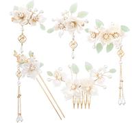 Pndeyo 5 forcine per capelli con nappe e fiori di camelia, bastoncini per capelli classici cinesi da sposa, con perle, accessori per capelli sottili, spessi, lunghi, corti, ricci e lisci, colore