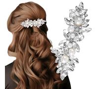 Pndeyo Fermaglio per capelli da donna, antiscivolo, con strass, motivo floreale francese, con perle di cristallo, accessorio decorativo per matrimoni, balli, feste, balli studenteschi, colore argento