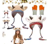 Pnedeodm Festive Christmas Antler Hat, Fluffy Winter Antler Hat & Bag 2-in-1 Converts into a Storage Bag, Knitted Windproof Warm Hats with Ear Flaps for Big Small Head (2, Beige+Khaki, One Size)