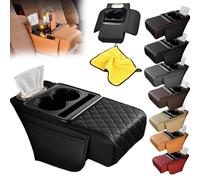 Pnedeodm Multifunctional PU Leather Car Armrest Box Mat, 5-in-1 Car Console Organizer with 2 Storage Bags Cup Holder, Tissue Box Slot Phone Slot, Universal Cars Armrest Storage Boxes (Black)
