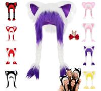 Pnedeodm Soft Furry Animal Ear Hat with Braids, Fursuit Cat Ears Headwear Plush Fur Hat, Winter Plush Cat Ears Hats for Cosplay, Winter Warmth & Party Accessories (White and Purple)