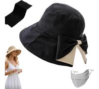 Pnedeodm Women's Bowknot Wide Brim Sun Protective Hat, Foldable Straw Summer Beach cap with 360° UV Protection for Vacation Travel (Black)
