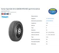 Gomma Pneumatico ESTIVO SONAR SX-2 225/50 R16 92V Classe B Bagnato Citroen DS5