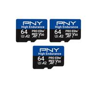 PNY 3x64GB Scheda microSDXC PRO Elite™ High Endurance C10 U3 V30 A2 - Velocità di lettura fino a 100 MB/s, 4K UHD, Full HD, UHS-I, sorveglianza, sicurezza, registrazione continua, dash cam