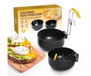 Poached Egg Cooker - Non-Stick Poached Egg Pan | Large Capacity Anti-scalding Round Poacher With Foldable Handle Set | For Apartment Kitchen Food Prep Breakfast Sandwiches Includes Silicone Cover Brus
