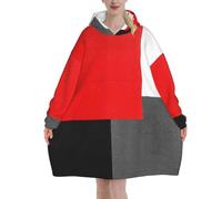 Poadnly Blocco geometrico rosso grigio nero e bianco,Felpa con cappuccio oversize da donna, felpa con cappuccio, coperta in flanella