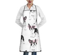 Poadnly Bulldog francese nero, cartone animato, occhiali rosa, cane bianco, Grembiuli da cucina con tasche, grembiule da cuoco impermeabile regolabile