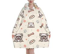 Poadnly Carlino e gatto con osso,Felpa con cappuccio oversize da donna, felpa con cappuccio, coperta in flanella