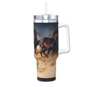 Poadnly Cavallo selvaggio in fuga contro una tempesta di sabbia,Tazza Ice Bully da 40 oz con manico, coperchio, cannuccia, in acciaio inossidabile, tazza da caffè per auto.