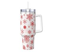 Poadnly Fiocco di neve rosso Natale bianco,Tazza Ice Bully da 40 oz con manico, coperchio, cannuccia, in acciaio inossidabile, tazza da caffè per auto.