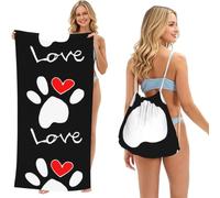 Poadnly Impronta di zampa di cane Amore per le zampe, Set 2 in 1: asciugamano e borsa ripiegabile, telo mare con zainetto a sacca per viaggi, vacanze e campeggio