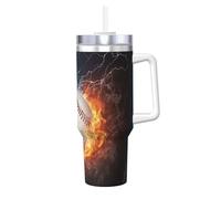 Poadnly L'immagine di una palla da baseball nell'acqua e nel fuoco,Tazza Ice Bully da 40 oz con manico, coperchio, cannuccia, in acciaio inossidabile, tazza da caffè per auto.