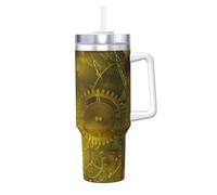 Poadnly Meccanismo Steampunk Retro Giallo,Tazza Ice Bully da 40 oz con manico, coperchio, cannuccia, in acciaio inossidabile, tazza da caffè per auto.
