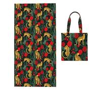 Poadnly Motivo senza cuciture con leopardi e rose, Borsa porta asciugamani pieghevole 2 in 1, asciugamani da spiaggia con borsa per viaggi, vacanze e campeggio