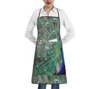 Poadnly Pavone che mostra le piume e le ali aperte, Grembiuli da cucina con tasche, grembiule da cuoco impermeabile regolabile