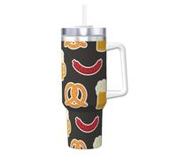 Poadnly Pretzel e birra,Tazza Ice Bully da 40 oz con manico, coperchio, cannuccia, in acciaio inossidabile, tazza da caffè per auto.