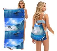 Poadnly Quattro delfini nel mare delle balene, Set 2 in 1: asciugamano e borsa ripiegabile, telo mare con zainetto a sacca per viaggi, vacanze e campeggio