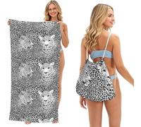 Poadnly Stampa leopardata e tigrata in bianco e nero, Set 2 in 1: asciugamano e borsa ripiegabile, telo mare con zainetto a sacca per viaggi, vacanze e campeggio