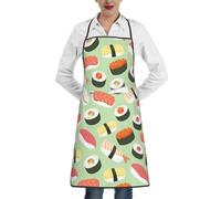 Poadnly Sushi su verde stampato, Grembiuli da cucina con tasche, grembiule da cuoco impermeabile regolabile