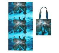 Poadnly Un adorabile bacio tra amanti dei lamantini, Borsa porta asciugamani pieghevole 2 in 1, asciugamani da spiaggia con borsa per viaggi, vacanze e campeggio