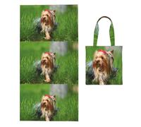 Poadnly Yorkshire Terrier Lawn Cute Dogs Ummer Red Bow, Borsa porta asciugamani pieghevole 2 in 1, asciugamani da spiaggia con borsa per viaggi, vacanze e campeggio