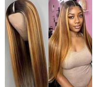 Pobokix Evidenzia Ombre V Part Parrucche capelli umani lisci balayage biondo V parte parrucche per capelli umani densità 180% senza colla clip in mezza parrucche per donne nere 61 cm #T1BP4/27