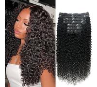 Pobokix Extension per capelli ricci con clip, per donne nere, capelli umani vergini brasiliani, con clip, capelli umani crespi e ricci, 8 pezzi, 120 g, 35,6 cm, nero naturale