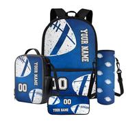 Poceacles 4 PCS Zaino Personalizzato e Lunch Bag Set Personalizzato Nome e Numero Lunchbag Matita Cassa Della Bottiglia di Acqua Manicotto, Football americano blu, Taglia unica, Set di zaini per la