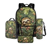 Poceacles 4 PZ Zaino per Bambini e Borsa per il Pranzo Set Ragazzi Ragazze Classa Forniture Borsa da Pranzo Borsa da Pranzo Pouch Bottiglia d'Acqua Manica, Bradipo Tropicale Monstera Foglia Fiori