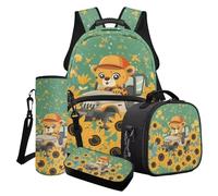 Poceacles 4 pz zaino scuola per bambini stampa animalier zaino pranzo borsa portamatite bottiglia d'acqua manica per ragazze ragazzi, Cartoon Leopard Auto Fiore Farfalla Verde, Taglia unica, Set di