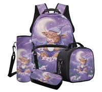 Poceacles 4 pz zaino scuola per bambini stampa animalier zaino pranzo borsa portamatite bottiglia d'acqua manica per ragazze ragazzi, Mucca delle Highland Violet Daisy Moon, Taglia unica, Set di zaini