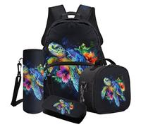 Poceacles 4 pz zaino scuola per bambini stampa animalier zaino pranzo borsa portamatite bottiglia d'acqua manica per ragazze ragazzi, Tartaruga Marina Ibisco Fiore Nero, Taglia unica, Set di zaini per