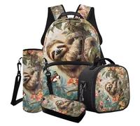 Poceacles 4 pz zaino scuola per bambini stampa animalier zaino pranzo borsa portamatite bottiglia d'acqua manica per ragazze ragazzi, Bradipo albero tropicale farfalla fiore, Taglia unica, Set di