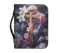 Poceacles Coperture per Bibbia con croce da donna, in pelle, con fiore rosa, viola, piccola, con manico con cerniera, protezione per chiesa e bibbia, regalo perfetto per chiesa religiosa, XL, Croce