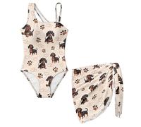 Poceacles Costumi da bagno per bambini, 2 pezzi, costume da bagno intero per ragazze adolescenti, trasparente, da spiaggia, per viaggi in spiaggia alle Hawaii, Bassotto Cane Zampa Cuore Motivo Beige