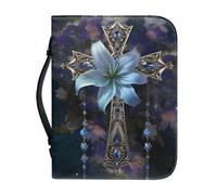 Poceacles Custodia per Bibbia in pelle con croce blu fiore copertura di piccole dimensioni con manico e coperture con cerniera per la Bibbia protegge la tua preghiera e gli oggetti di studio, M, Croce