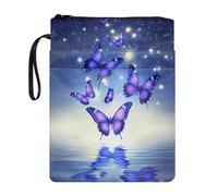 Poceacles Custodia per libro con tasche, in tessuto lavabile, con cerniera, per libri di testo con copertina rigida, 29 x 22 cm, motivo farfalla con riflessi d'acqua, viola