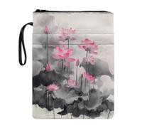 Poceacles Custodia per libro con tasche, in tessuto lavabile, con cerniera, per libri di testo con copertina rigida, 29 x 22 cm, motivo fiore di loto, inchiostro cinese, estetica orientale