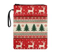 Poceacles Custodia per libro natalizia con tasche, in tessuto lavabile, con cerniera, per libri di testo con copertina rigida, 29 x 22 cm, renna, rosso, verde, beige