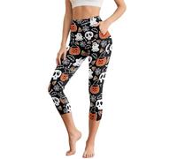 Poceacles Leggings Capri con tasche per donne controllo della pancia pantaloni da yoga a vita alta allenamento leggings da corsa, Cartone animato teschio zucca fantasma nero, 3XL