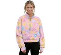 Poceacles Pullover corto da donna con tasca a marsupio foro per il pollice accogliente crop top quarto zip felpa per allenamento ufficio, Grazioso motivo floreale a forma di cuore rosa, L