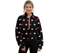 Poceacles Pullover corto da donna con tasca a marsupio foro per il pollice accogliente crop top quarto zip felpa per allenamento ufficio, Motivo a forma di cuore con zampa, XS