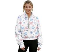 Poceacles Pullover corto da donna con tasca a marsupio foro per il pollice accogliente crop top quarto zip felpa per allenamento ufficio, Zampa Fiore Cuore Forma Bianco Rosa Blu, XXL