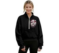 Poceacles Pullover corto da donna con tasca a marsupio foro per il pollice accogliente crop top quarto zip felpa per allenamento ufficio, Cartone animato Floreale Teschio Cuore, XXL