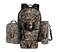 Poceacles Set 4 in 1 zaino per la scuola con borsa termica per il pranzo, astuccio portamatite, zaino portabottiglie, zaino per bambini e adolescenti, Foglie della foresta di caccia mimetica cervi,
