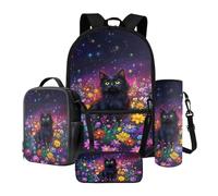Poceacles Set 4 in 1 zaino per la scuola con borsa termica per il pranzo, astuccio portamatite, zaino portabottiglie, zaino per bambini e adolescenti, Gatto Nero Margherita Fiore Viola, Taglia unica,